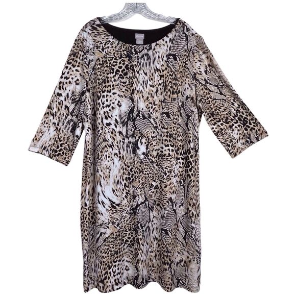 CHICO’S Animal Print Shift Dress Size 3 XL 16/18 Brown 3/4 Sleeve Lined EUC - Picture 1 of 13